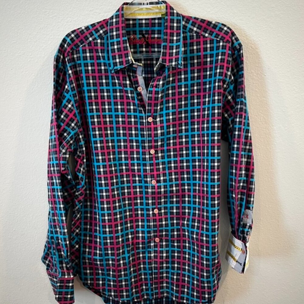 Robert Graham X Tailored Fit Mens Large Black Red Blue Plaid Button Up Shirt L